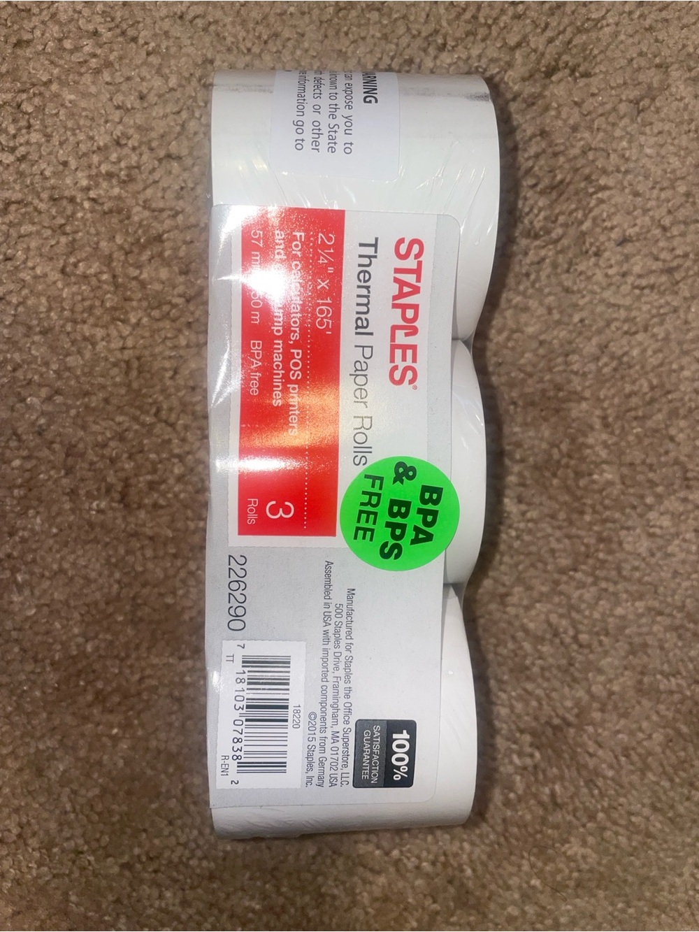 Staples White Thermal Paper Rolls - BPA & BPS Free (3 Pack)